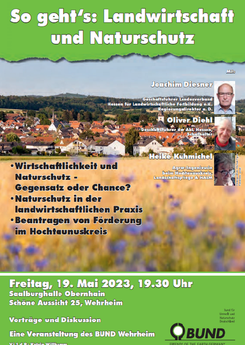 inladung zu Vortrags-Diskussionsveranstaltung „Landwirtschaft und Naturschutz“an Freitag, den 19. Mai 2023 um 19:30 Uhr in der Saalburghalle Wehrheim-Obernhain