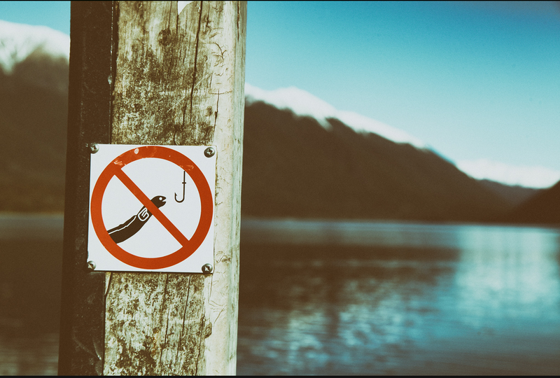 See mit Schild, auf dem ein Angelverbot für Aale angezeigt wird