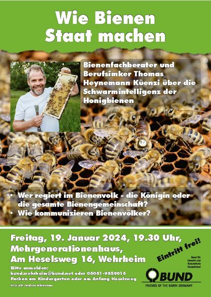 Bund Layout mit Foto von vortragendem Imker und Bienen im Hintergrund