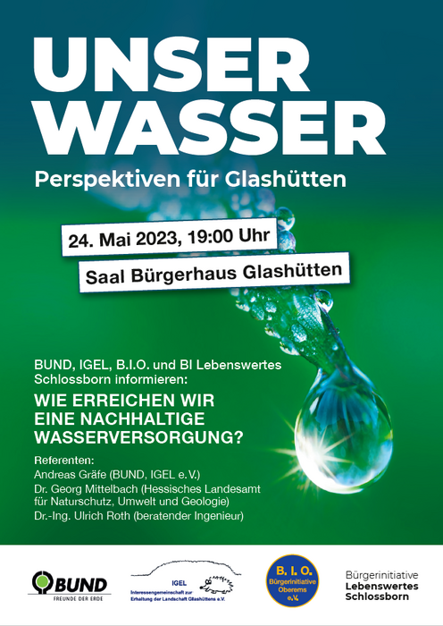Ankündigung zur öffentlichen Veranstaltung „unser Wasser“ in Königstein Glashütten am 24. Mai 2023, 19:00 Uhr im Saal Bürgerhaus Glashütten