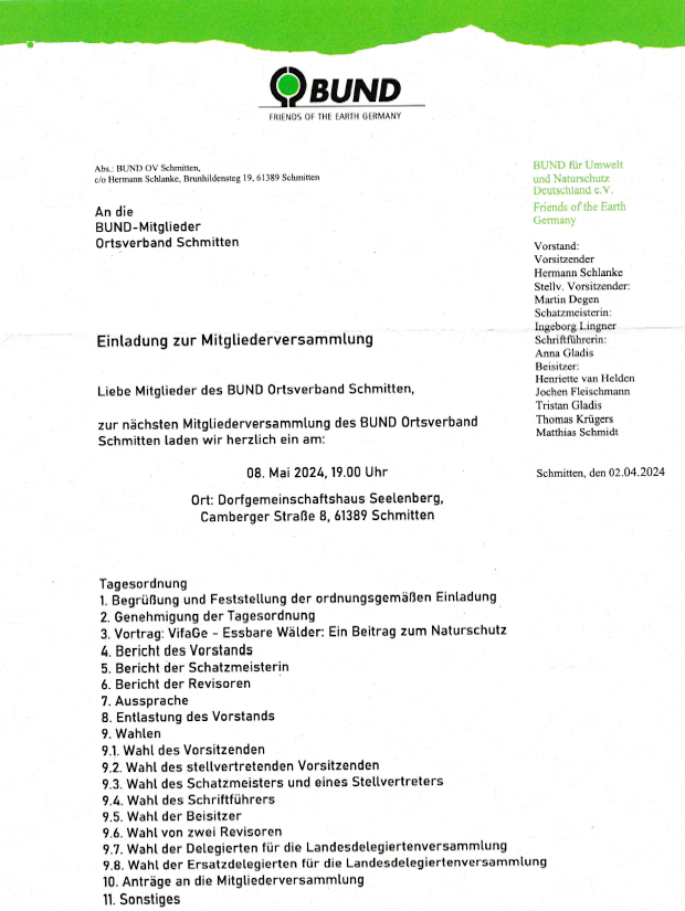 Einladung und Inhalte unserer Schmittener Jahresmitgliederversammlung 2024